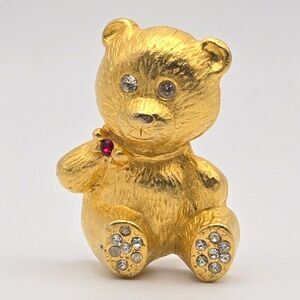Vintage Oops A Daisy Textured Gold Tone Teddy Bear Brooch Pin with Rhinestones
